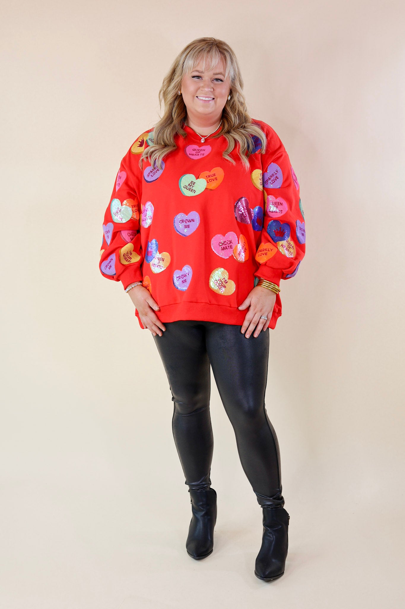 Queen Of Sparkles | Red Conversation Heart Sequin Graphic Sweatshirt in Red - Giddy Up Glamour Boutique