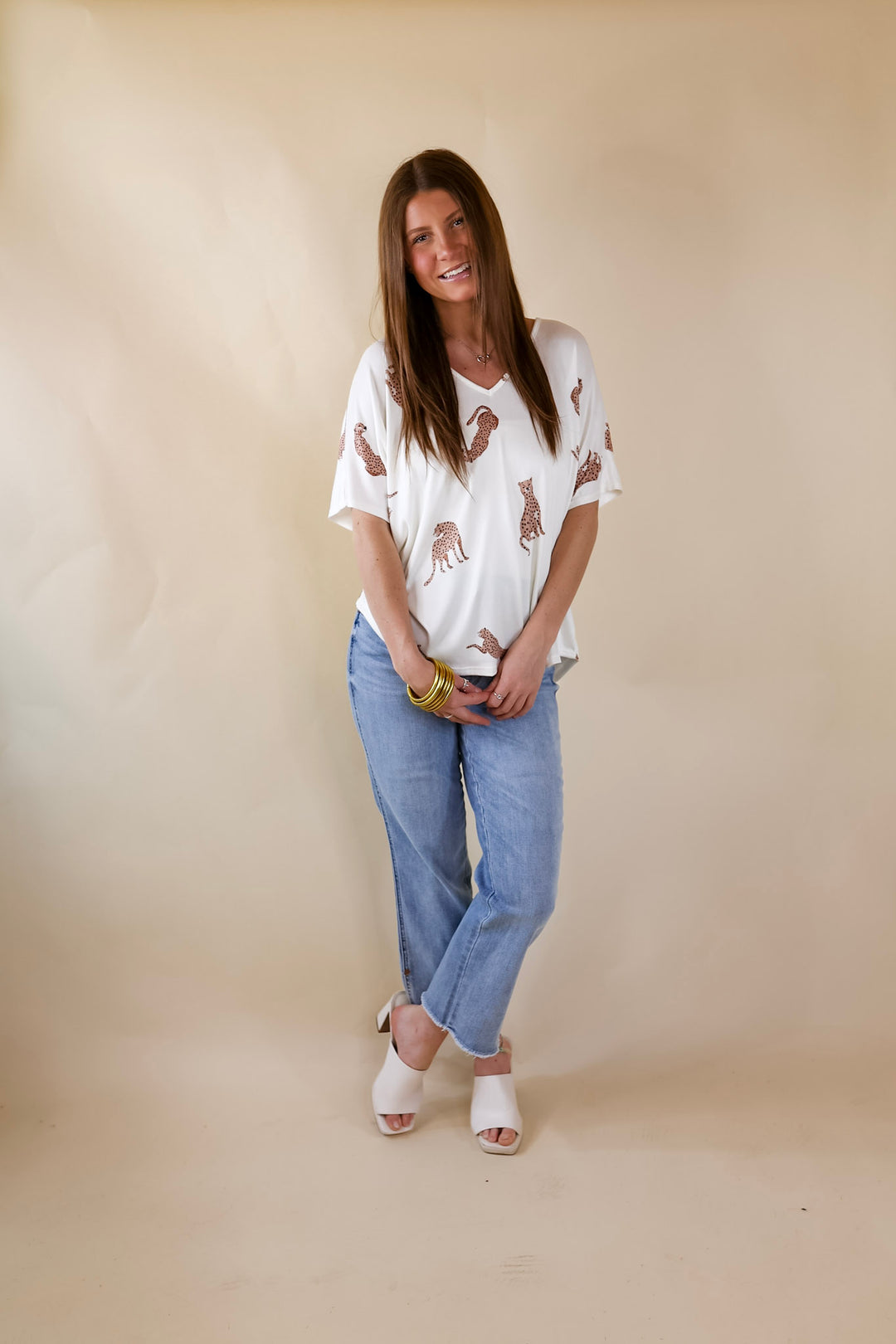 Wild Side Cheetah Print V Neck Top with Short Sleeves in Ivory - Giddy Up Glamour Boutique