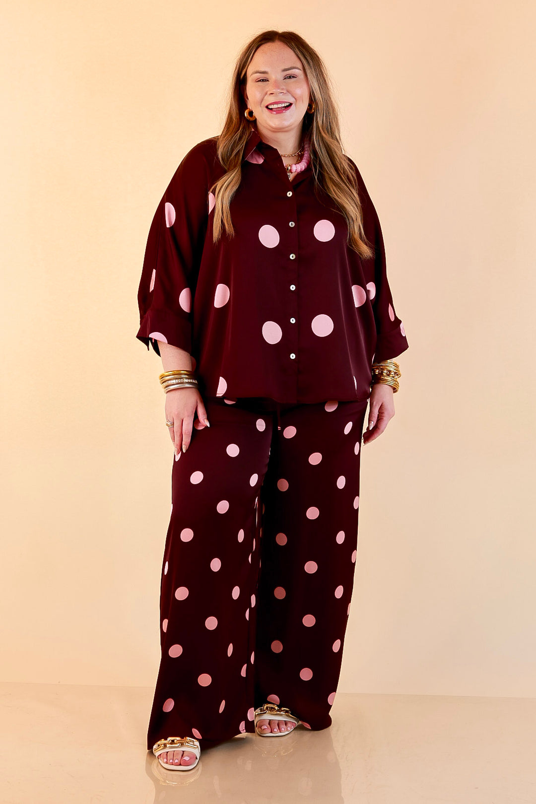 Two of a Kind Oversized Long Sleeve Button Down Blush Pink Polka Dot Blouse in Maroon