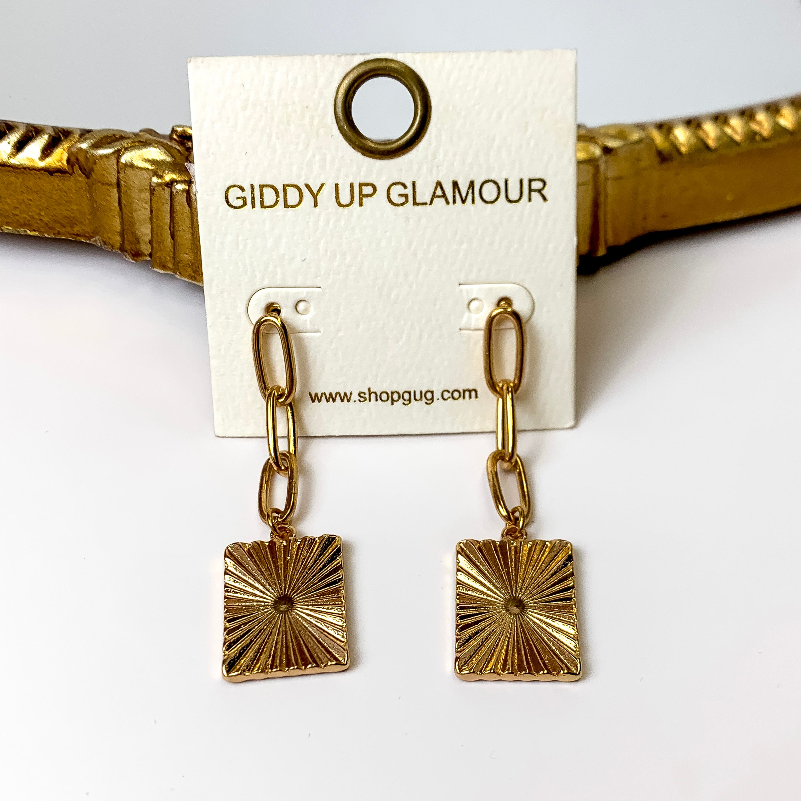 Chain Earrings with Rectangle Pendant in Gold - Giddy Up Glamour Boutique