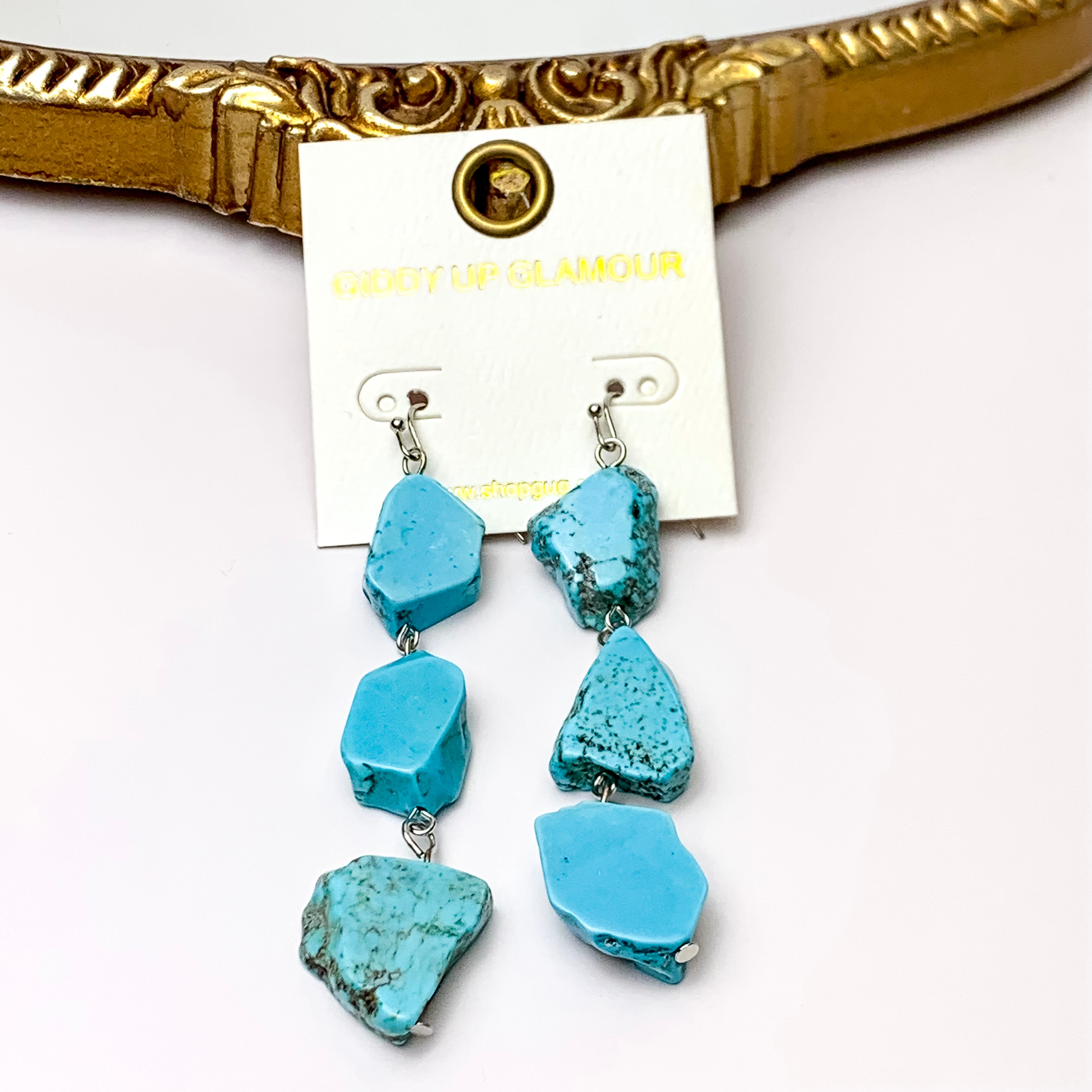 3 Tier Faux Turquoise Slab Drop Earrings - Giddy Up Glamour Boutique