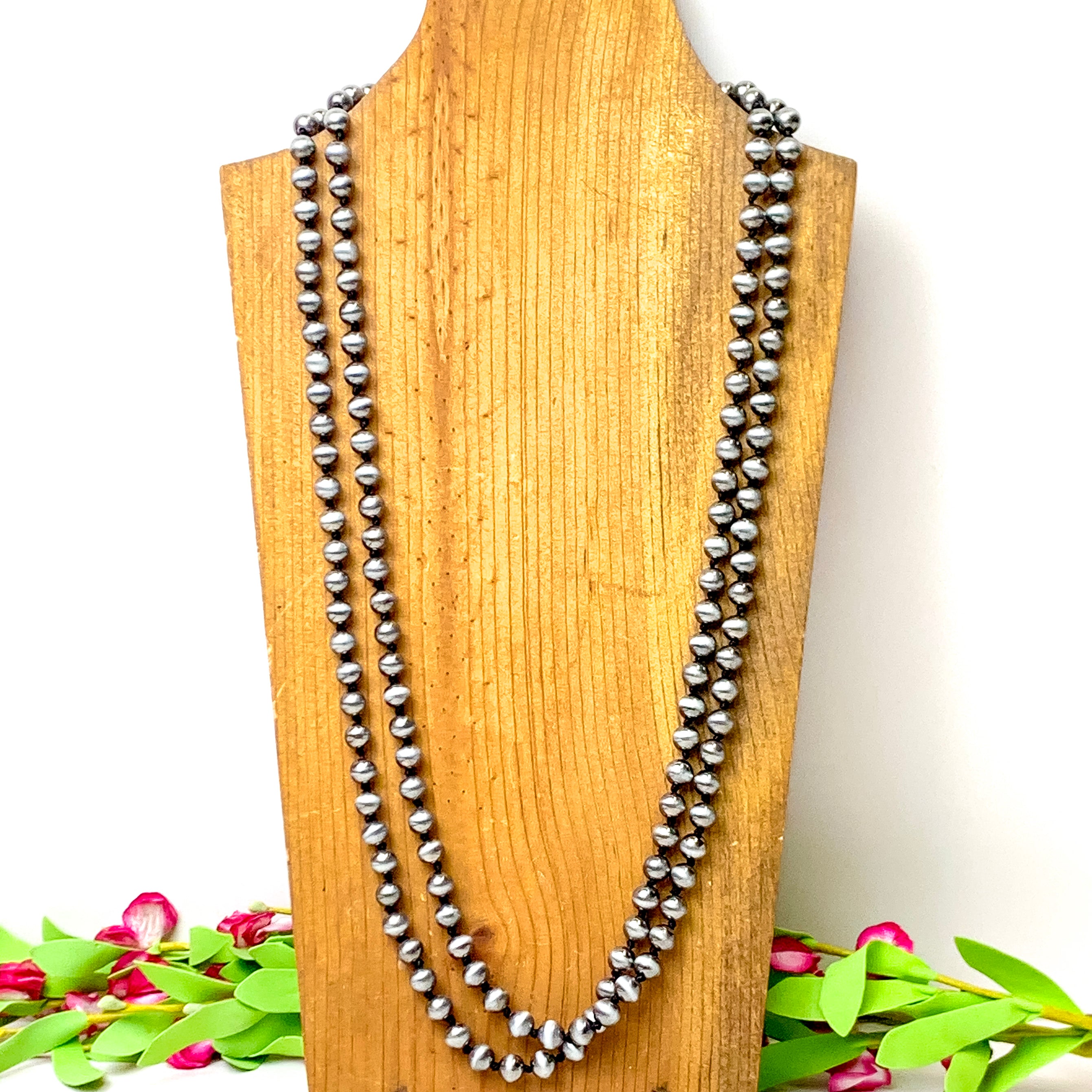 Long Faux Navajo Pearl Layering Necklace in Silver Tone - Giddy Up Glamour Boutique
