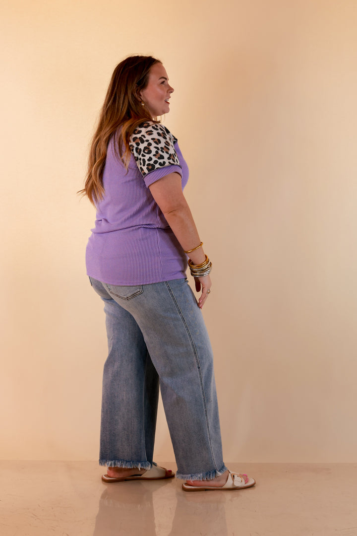 Easy Attraction Waffle Knit V Neck Top with Leopard Print Sleeves in Lavender Purple