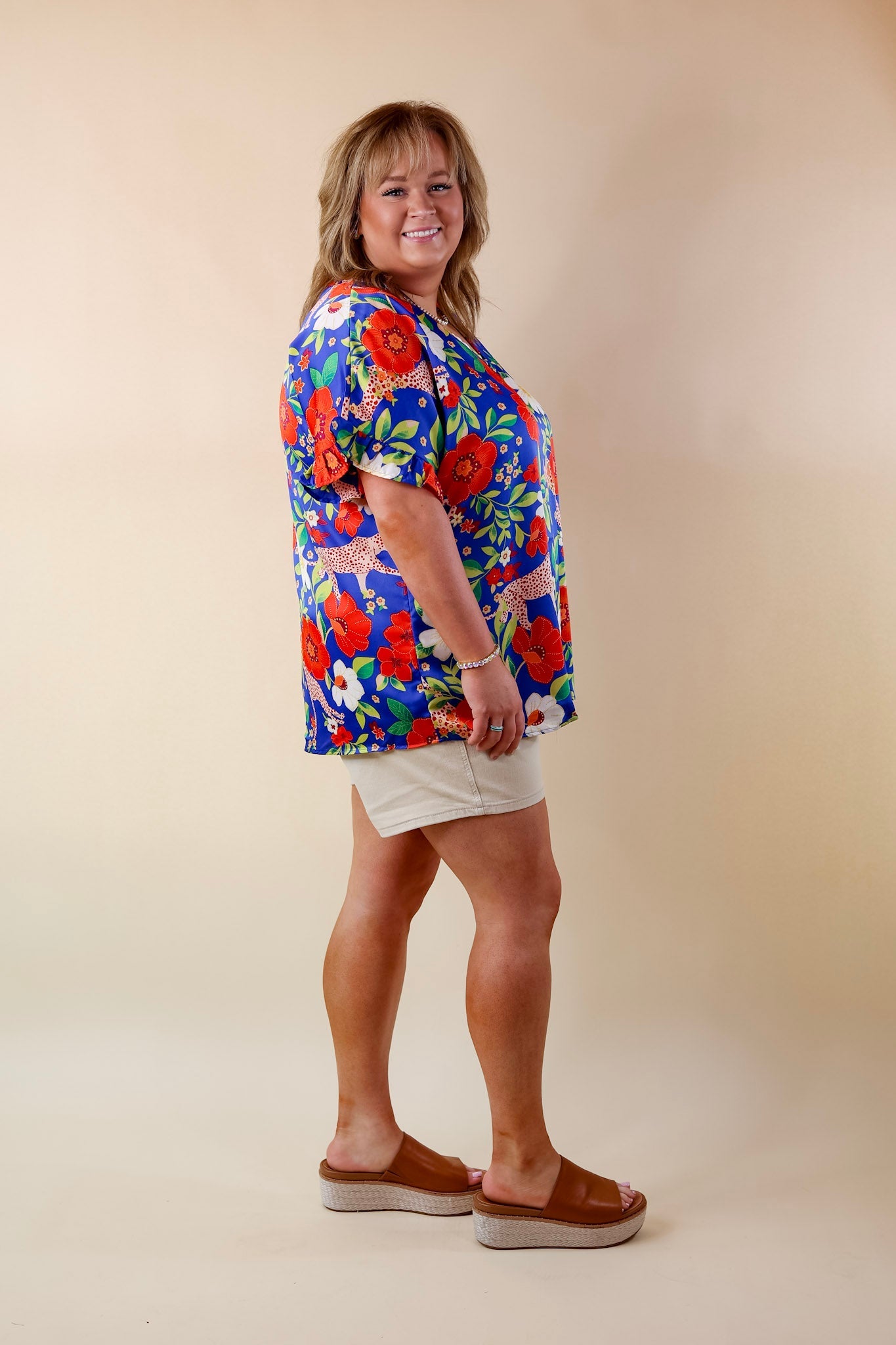 Best Version Floral and Cheetah Print V Neck Top with Ruffle Short Sleeves in Blue - Giddy Up Glamour Boutique