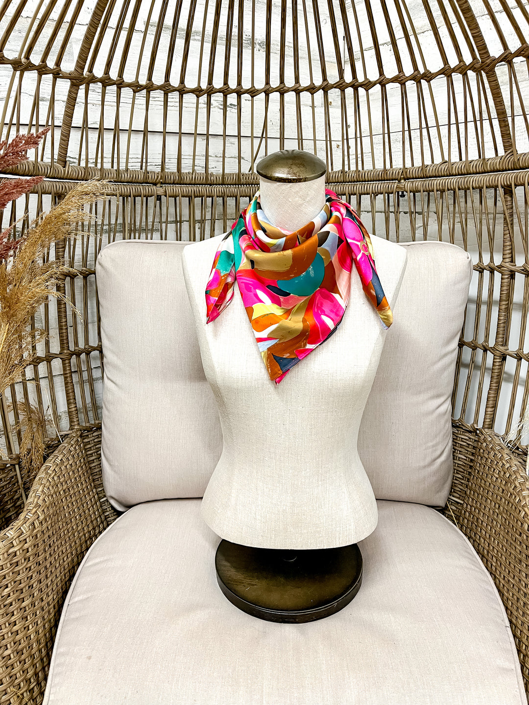 Tropical Bloom Floral Abstract Floral Silk Feel Square Scarf in Hot Pink, Teal and Tan