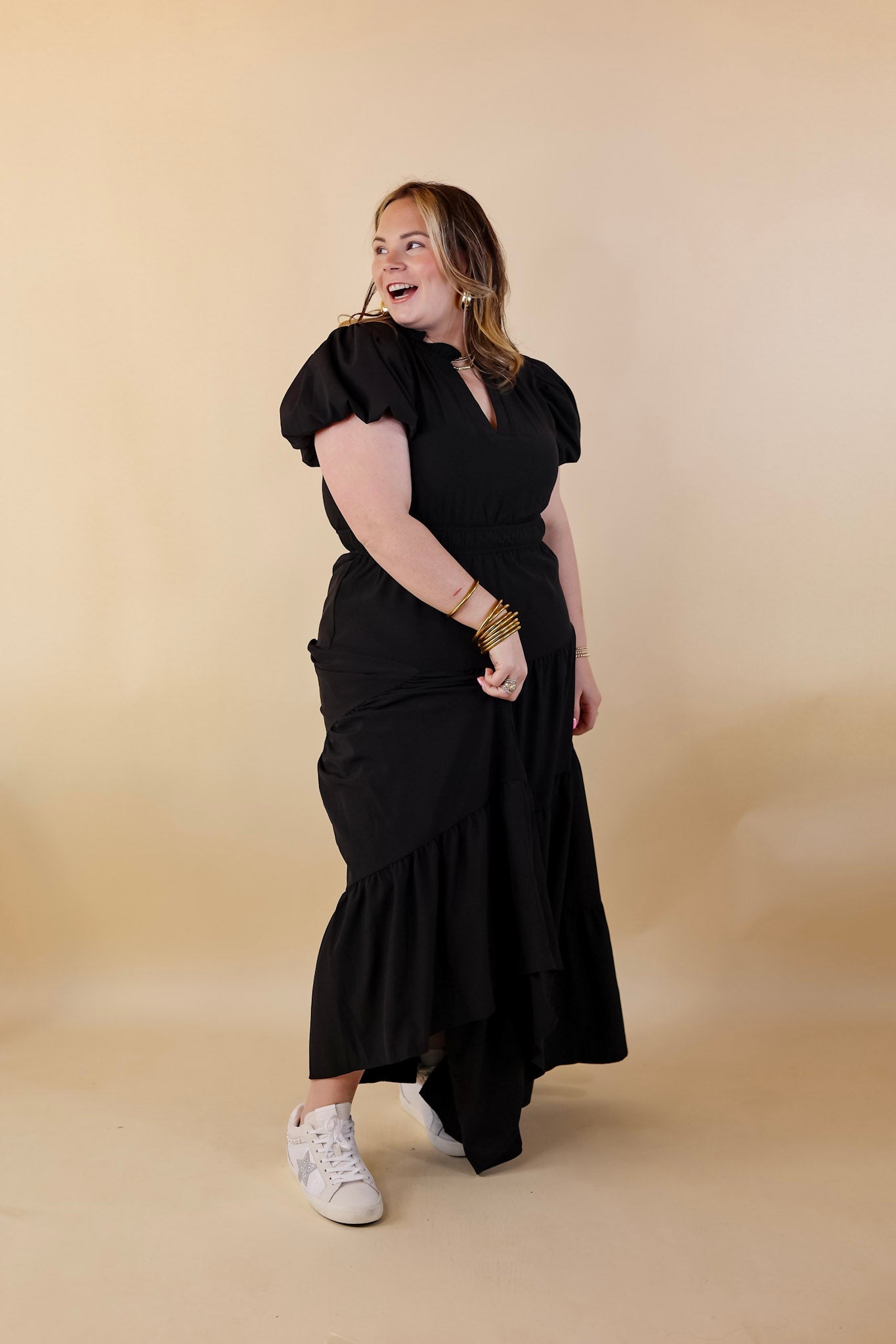 Table for Two Tiered Maxi Dress with Puff Sleeves in Black - Giddy Up Glamour Boutique