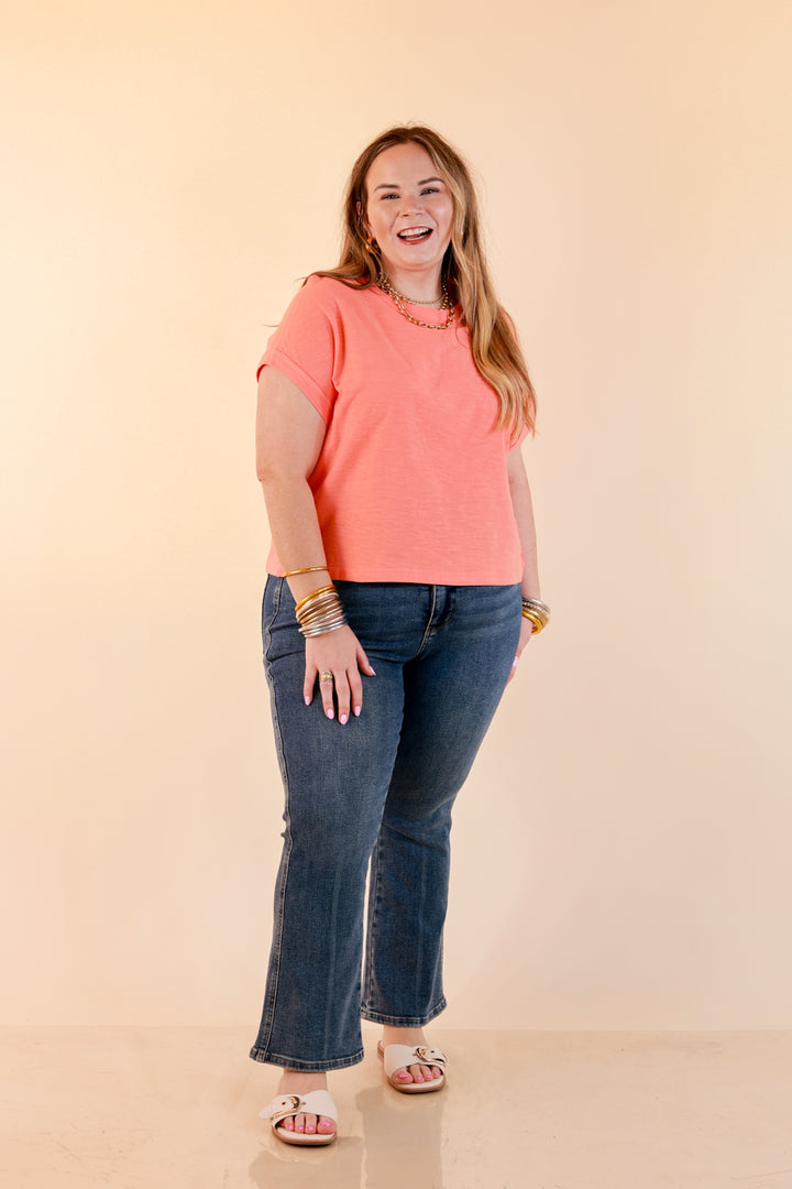 Laidback Luxe Rolled Drop Sleeve Relaxed Fit Basic Short Sleeve Top in Coral Orange