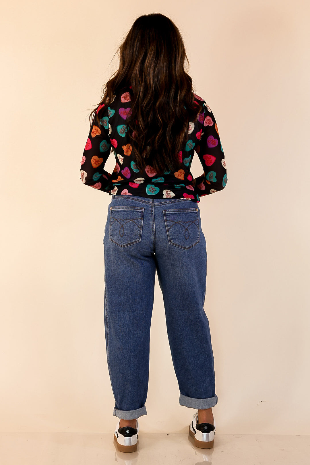 Sheer Confidence Western Theme Conversation Heart Print Mesh Long Sleeve Top in Black