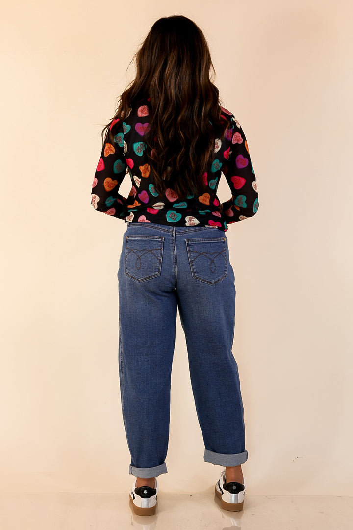 Sheer Confidence Western Theme Conversation Heart Print Mesh Long Sleeve Top in Black