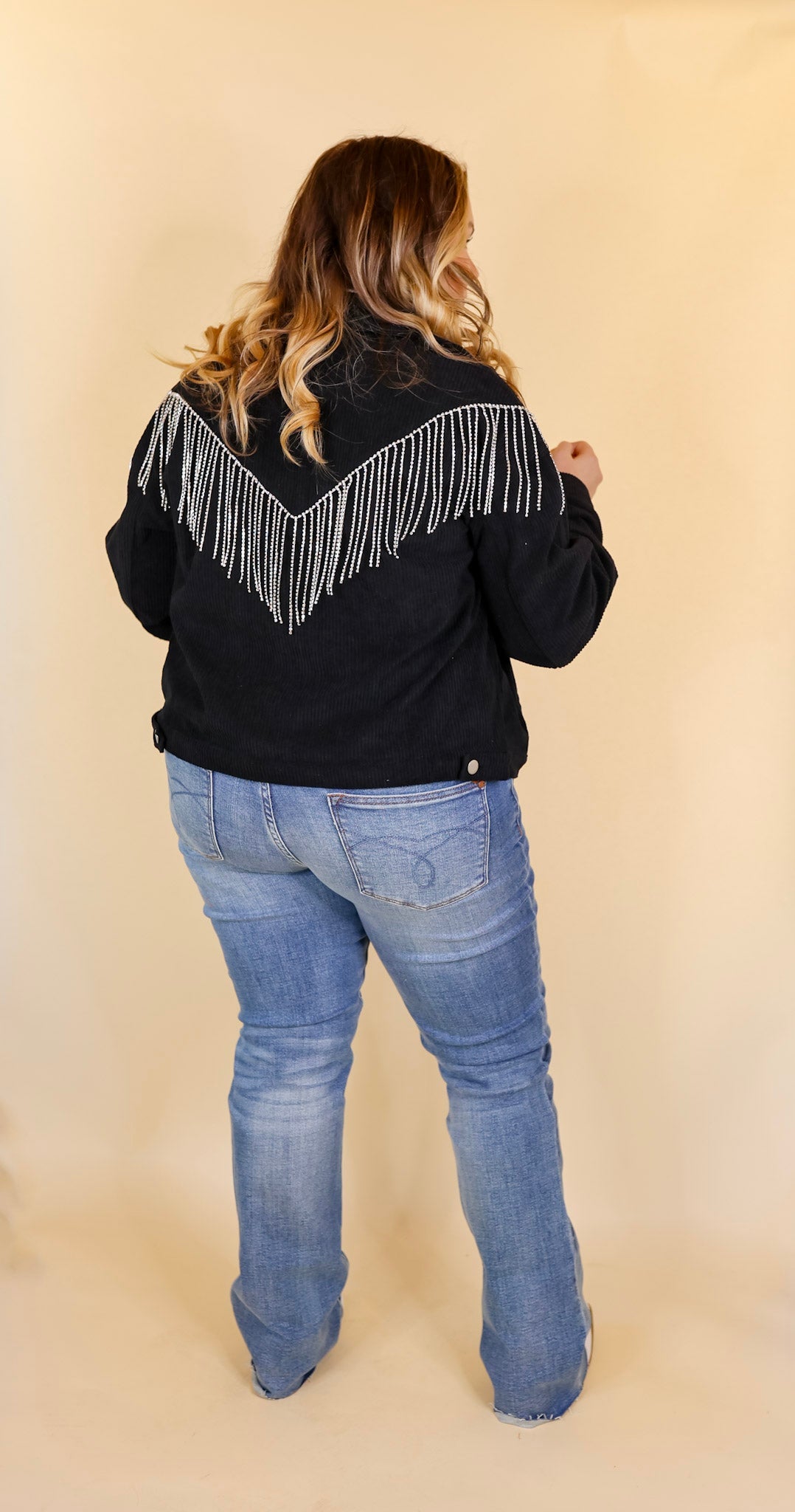 Signature Moves Button Up Corduroy Jacket with Crystal Fringe Back in Black - Giddy Up Glamour Boutique