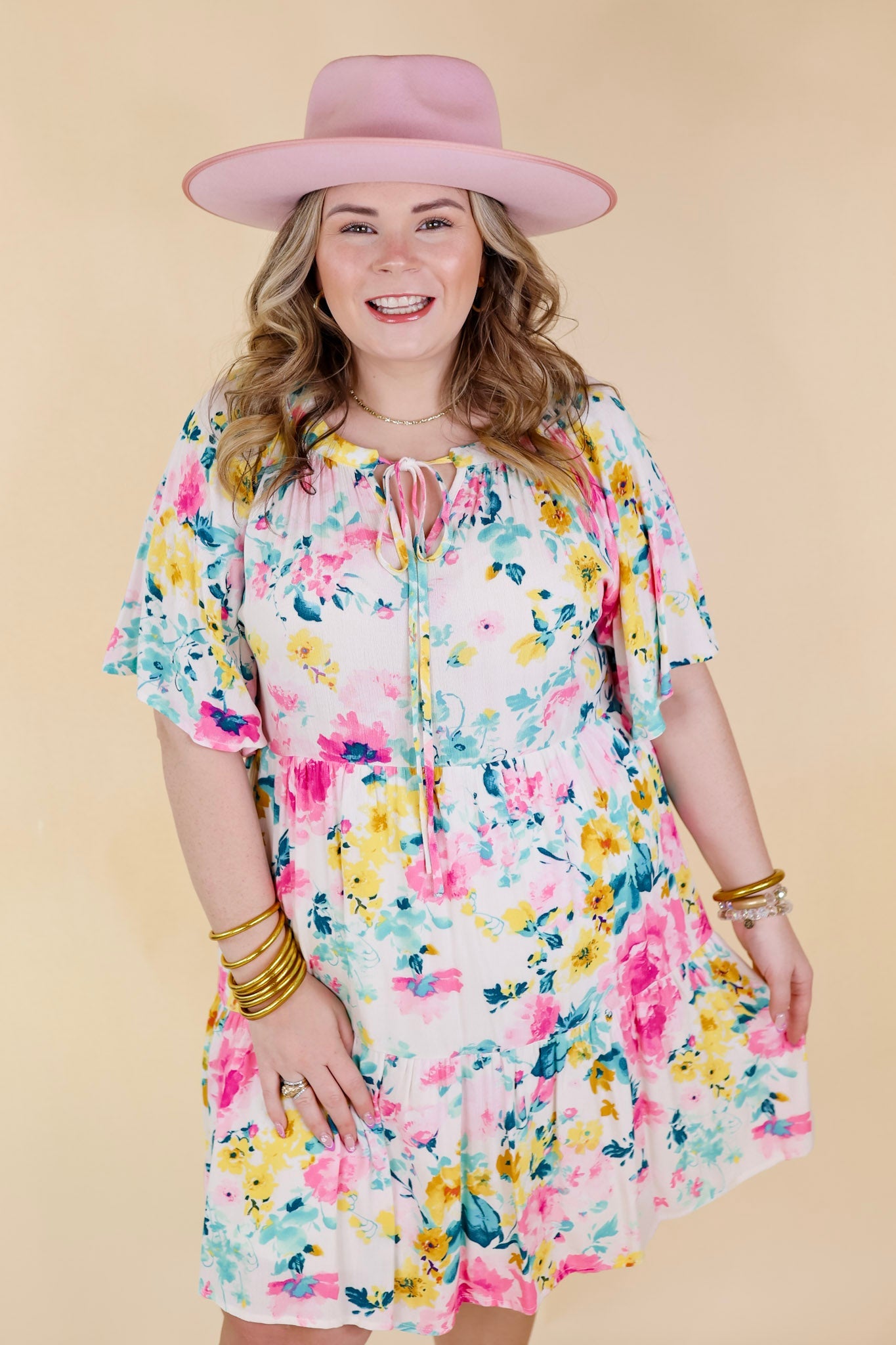 Piece Of Paradise Tiered Floral Dress with Keyhole in Ivory - Giddy Up Glamour Boutique