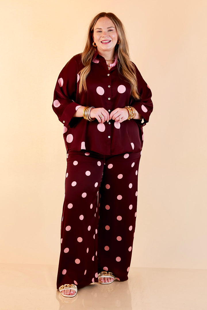 Two of a Kind Oversized Long Sleeve Button Down Blush Pink Polka Dot Blouse in Maroon