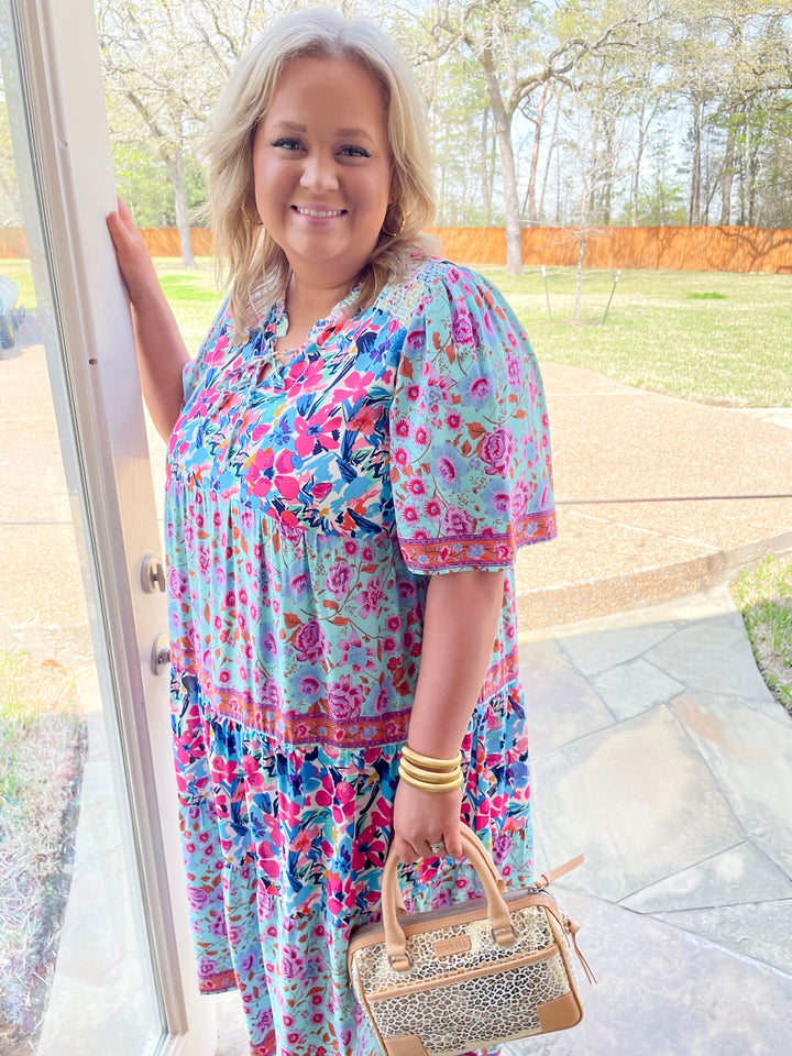 Tulip Fields Floral Tiered Midi Dress in Mint Green Mix - Giddy Up Glamour Boutique