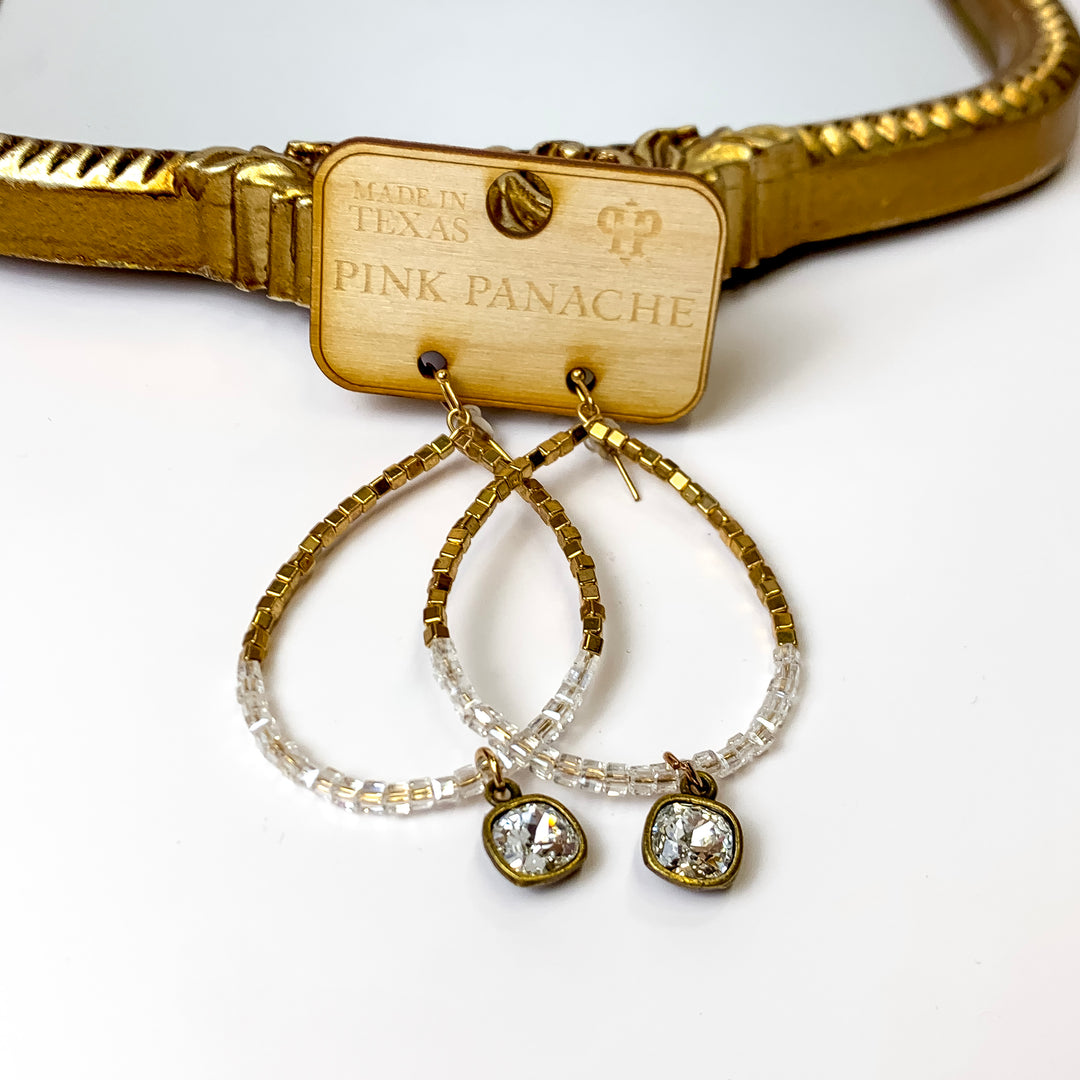 Pink Panache | Teardrop Beaded Earrings with Hanging Clear Cushion Cut Pendant - Giddy Up Glamour Boutique