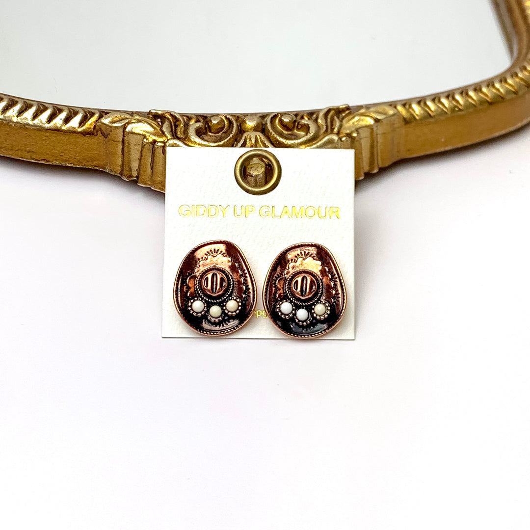 Copper Tone Cowboy Hat Post Back Earrings with Faux White Stone Accents - Giddy Up Glamour Boutique
