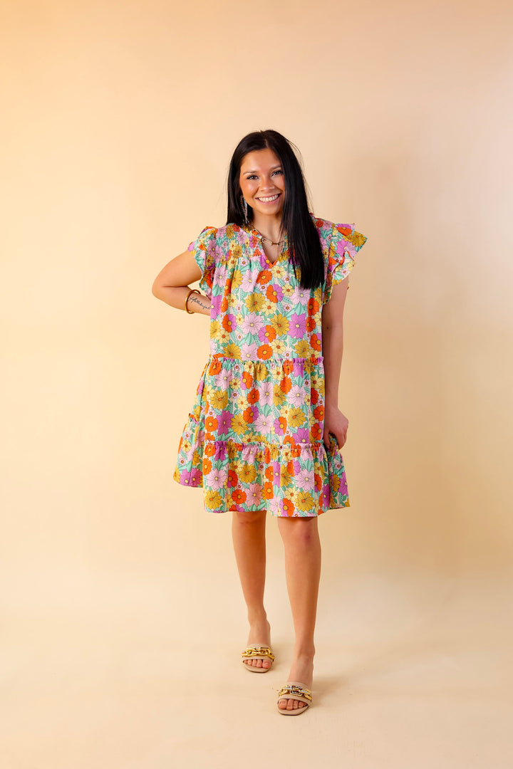 Pretty Days Floral Notched Neckline Dress in Cream - Giddy Up Glamour Boutique