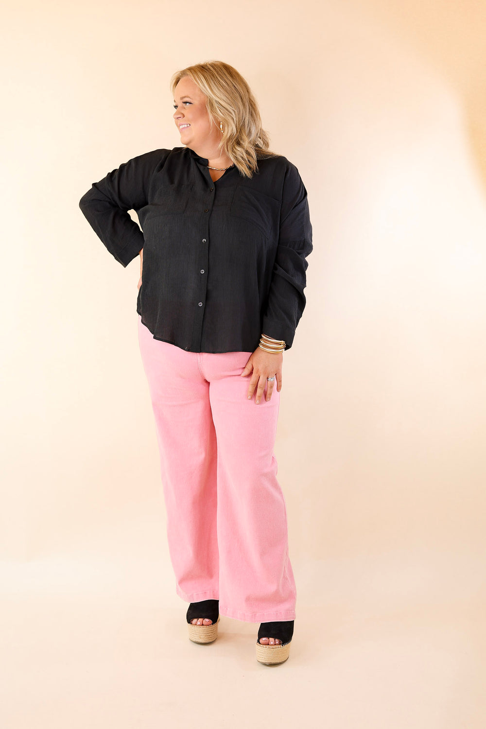 Effortlessly Charming Button Up Crepe Fabric Top in Black - Giddy Up Glamour Boutique