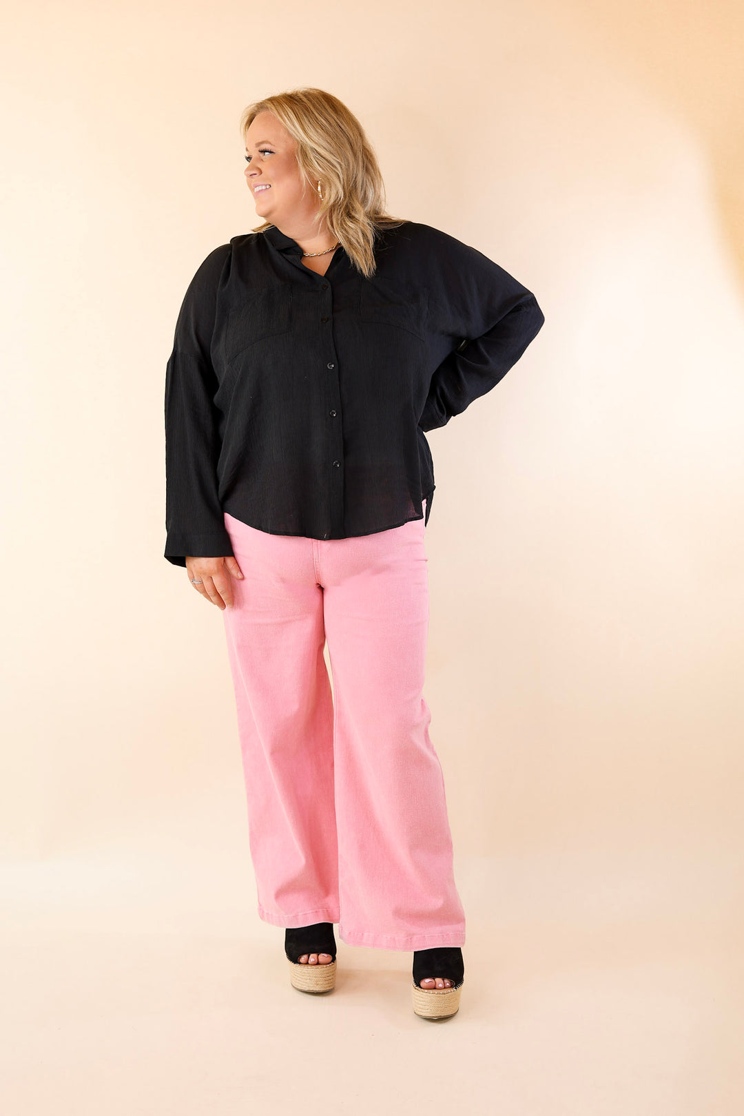 Effortlessly Charming Button Up Crepe Fabric Top in Black - Giddy Up Glamour Boutique