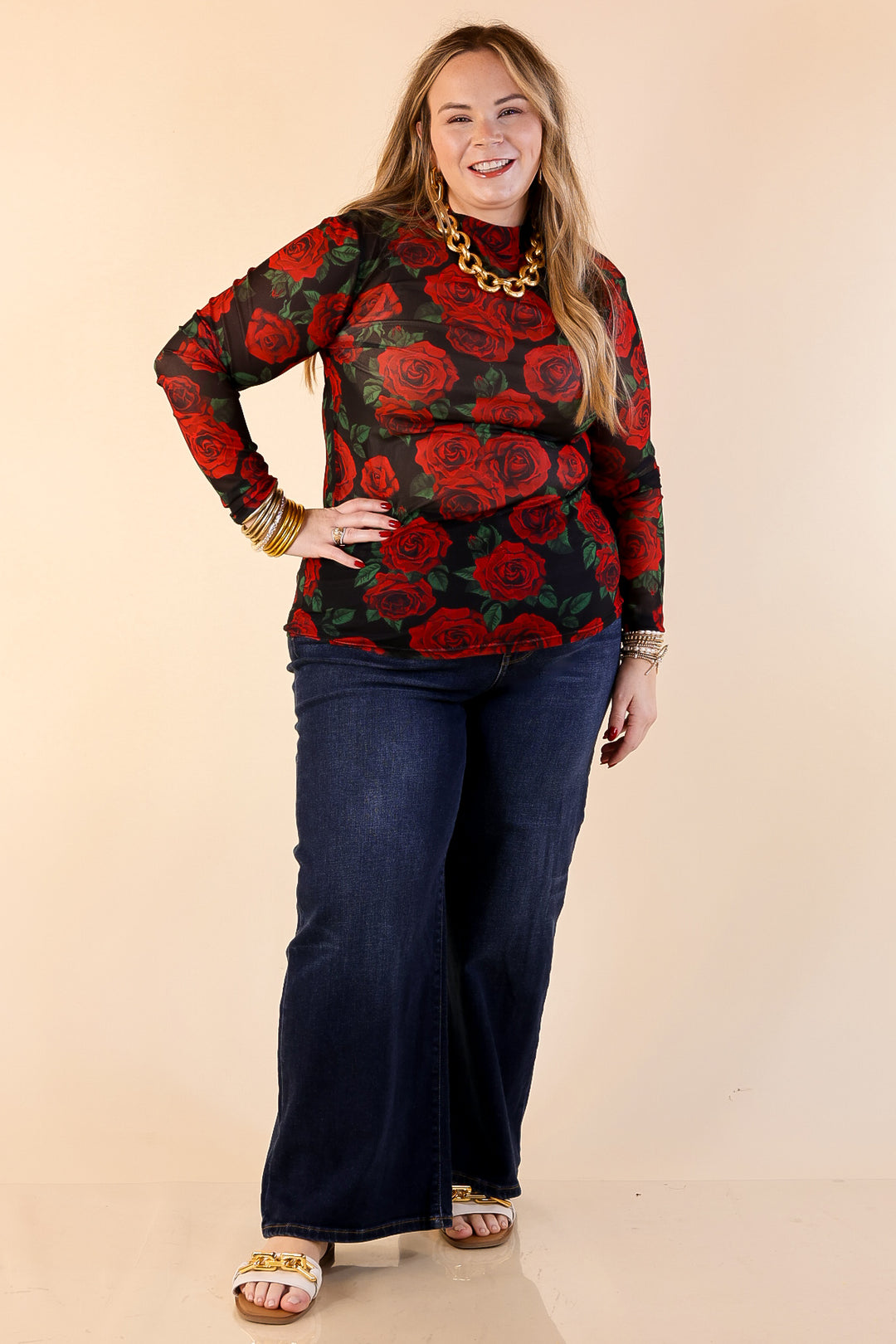 Sheer Confidence Red Rose Print Mesh Long Sleeve Top in Black