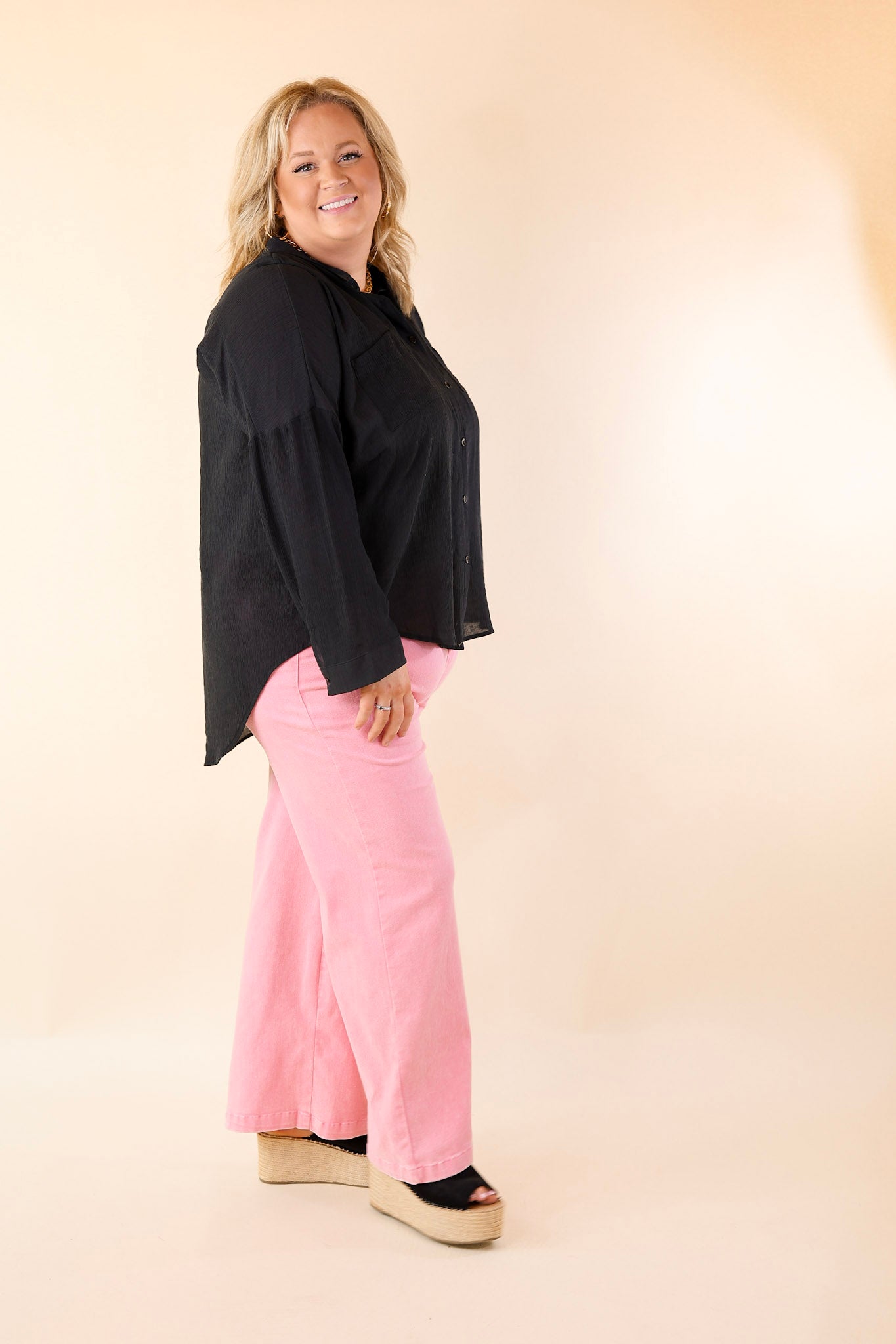 Effortlessly Charming Button Up Crepe Fabric Top in Black - Giddy Up Glamour Boutique