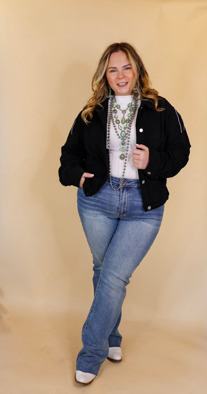 Signature Moves Button Up Corduroy Jacket with Crystal Fringe Back in Black - Giddy Up Glamour Boutique