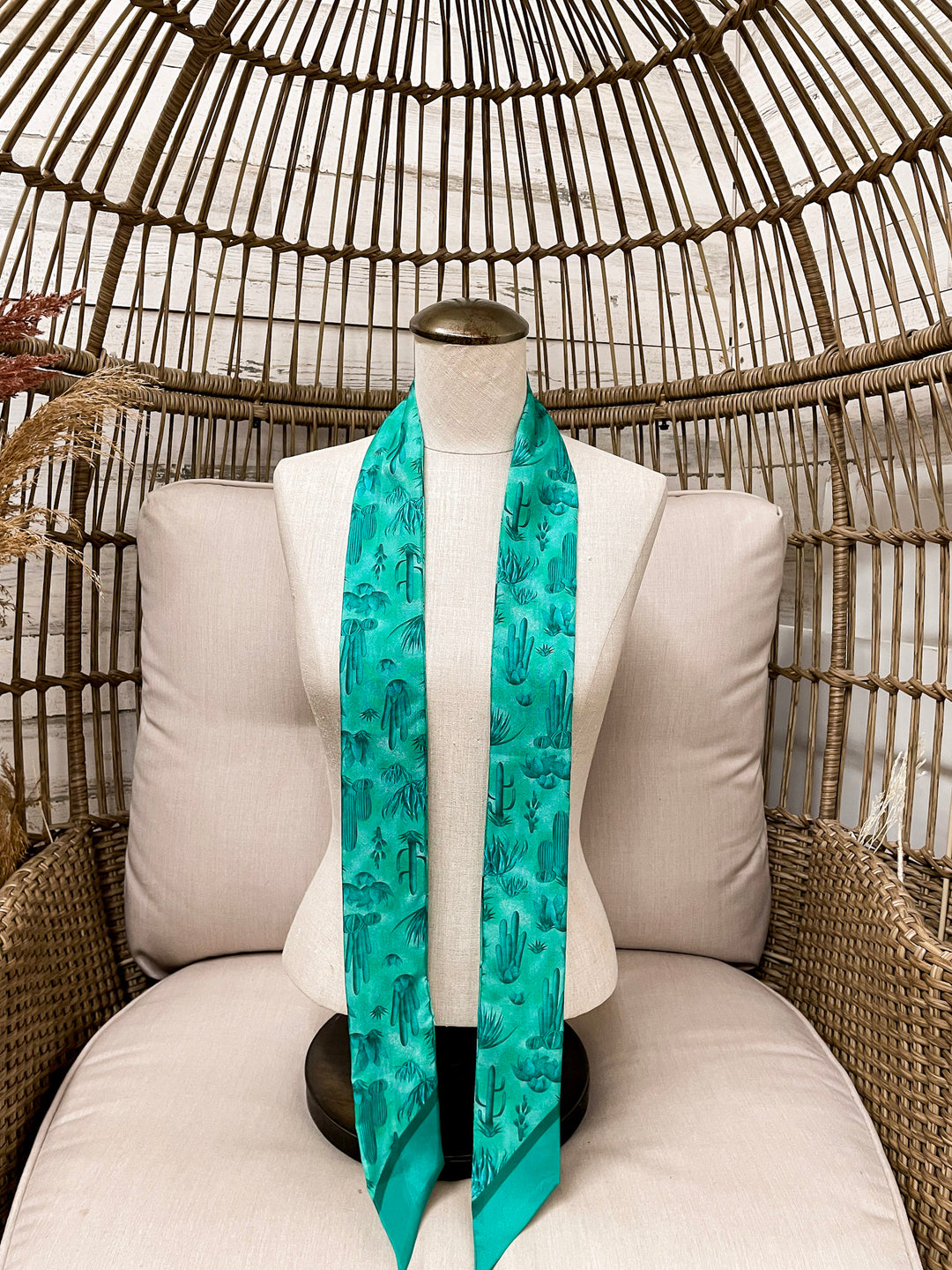 Wyoming Traders | Southwest Cactus Print Silk Twilly Scarf in Teal Blue