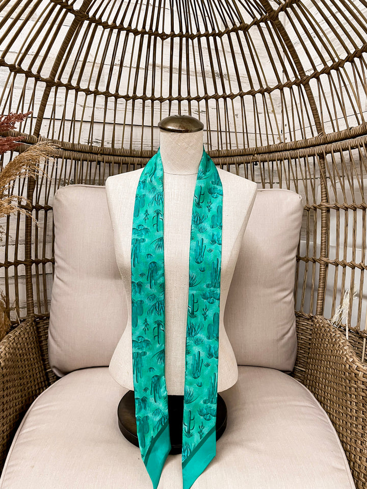 Wyoming Traders | Southwest Cactus Print Silk Twilly Scarf in Teal Blue