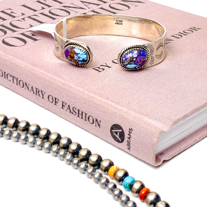 Hada Collection | Handmade Etched Sterling Silver Cuff Bracelet with Purple Mojave Remix Stones - Giddy Up Glamour Boutique