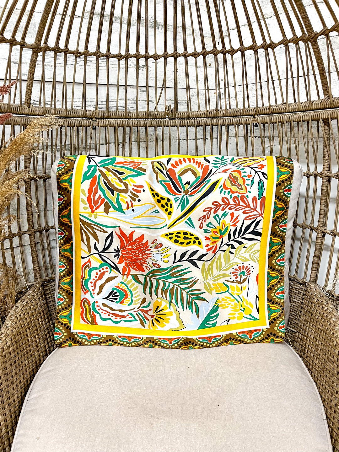 Golden Harvest Floral Fall Tones Silk Feel Square Scarf in Mustard, Green & Rust