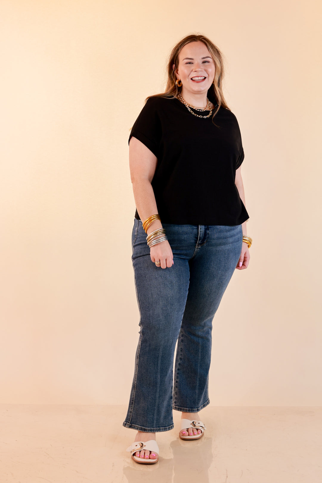 Laidback Luxe Rolled Drop Sleeve Relaxed Fit Basic Short Sleeve Top in Black