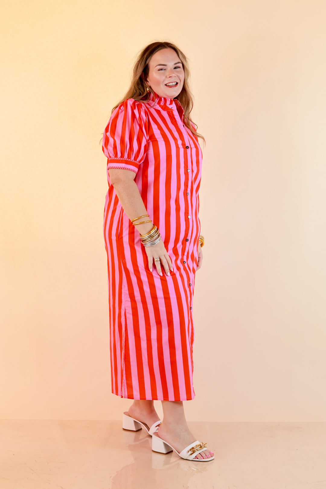 Strut and Shine Stripe Midi Dress with Button Front Detail and Puff Sleeves in Pink and Red