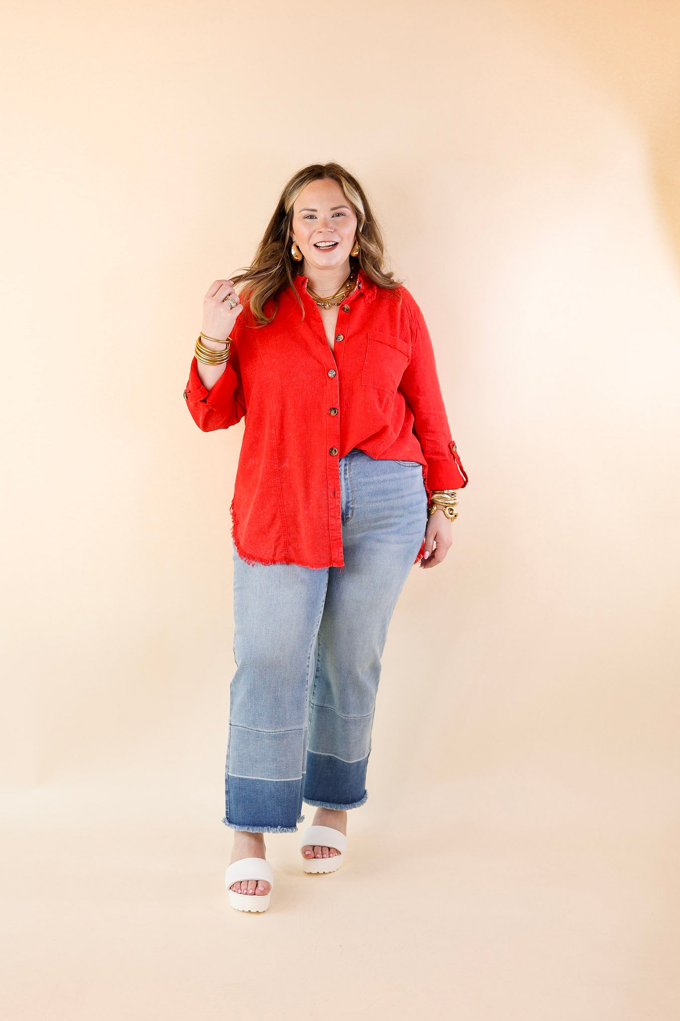 Classic Comfort Long Sleeve Linen Button Up in Cherry Red - Giddy Up Glamour Boutique