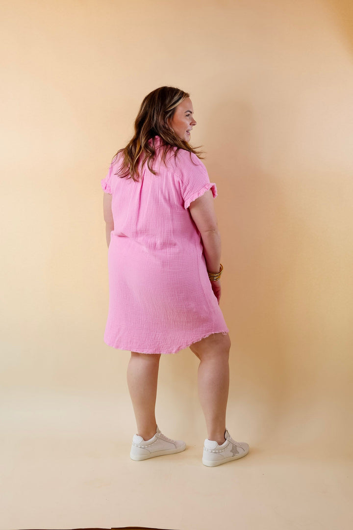 Spring Glow Button Up Raw Hem Dress in Pink - Giddy Up Glamour Boutique