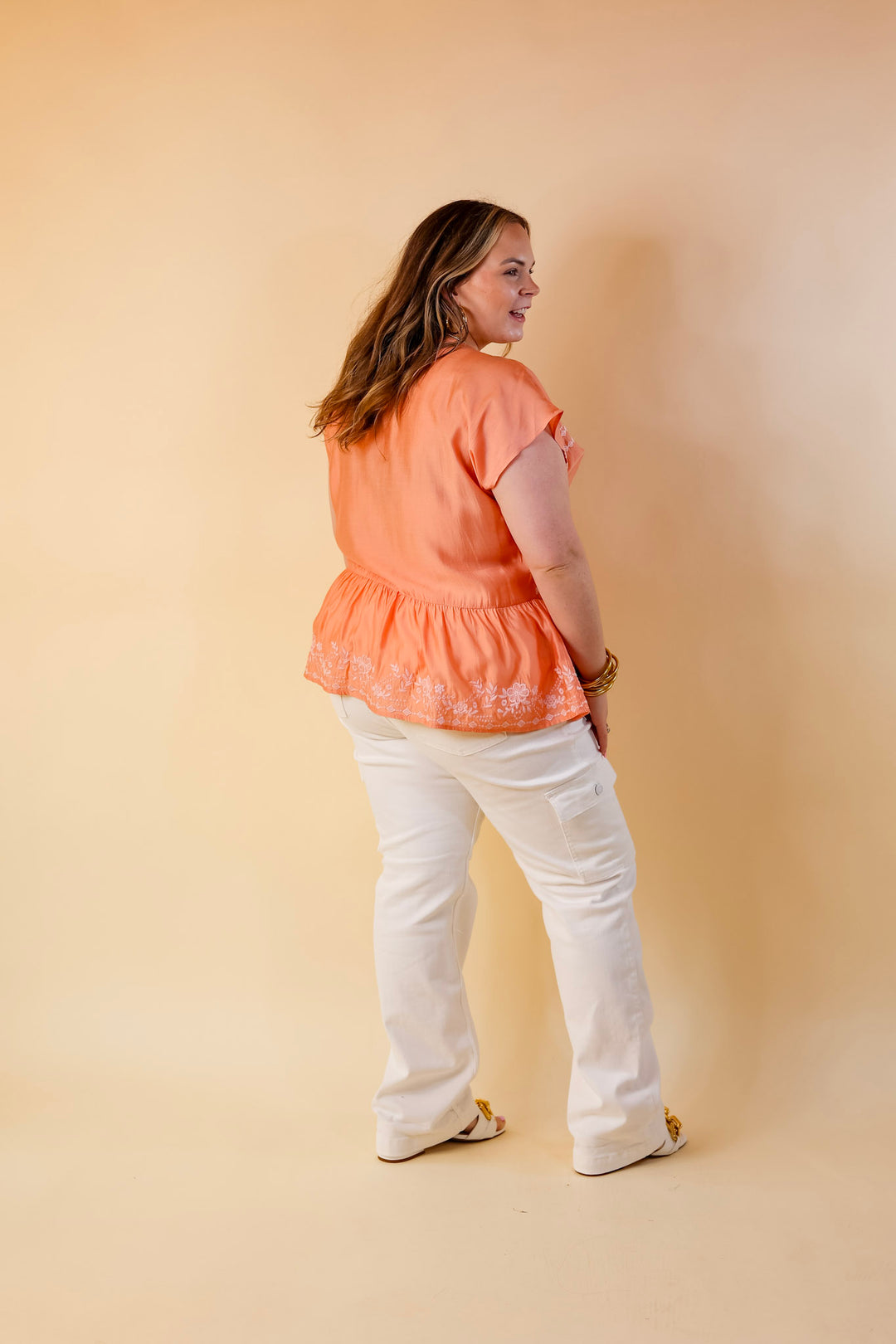 Craving Sunshine Embroidered Cap Sleeve Top with Keyhole in Light Coral Orange - Giddy Up Glamour Boutique