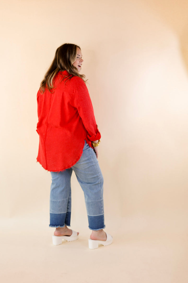 Classic Comfort Long Sleeve Linen Button Up in Cherry Red - Giddy Up Glamour Boutique