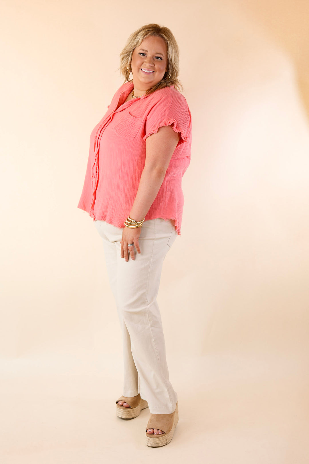 Right On Cue Button Up Raw Hem Top in Coral Pink - Giddy Up Glamour Boutique