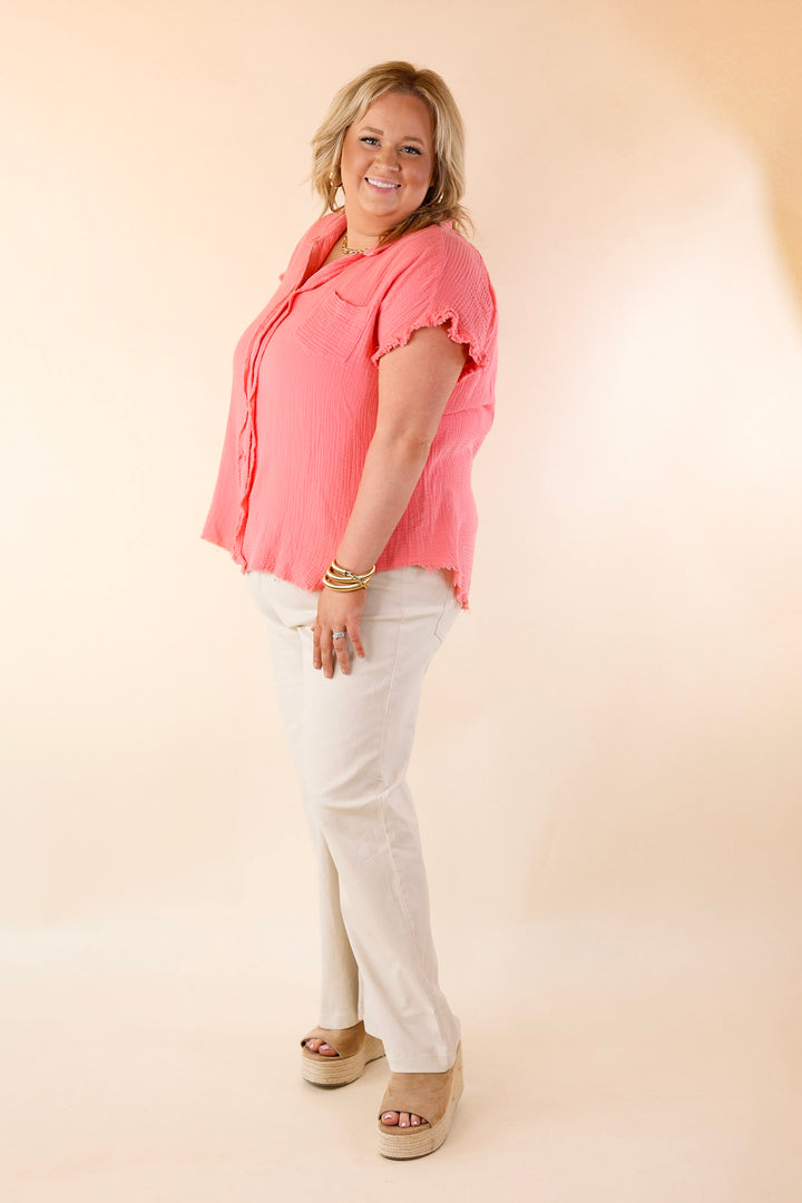 Right On Cue Button Up Raw Hem Top in Coral Pink - Giddy Up Glamour Boutique