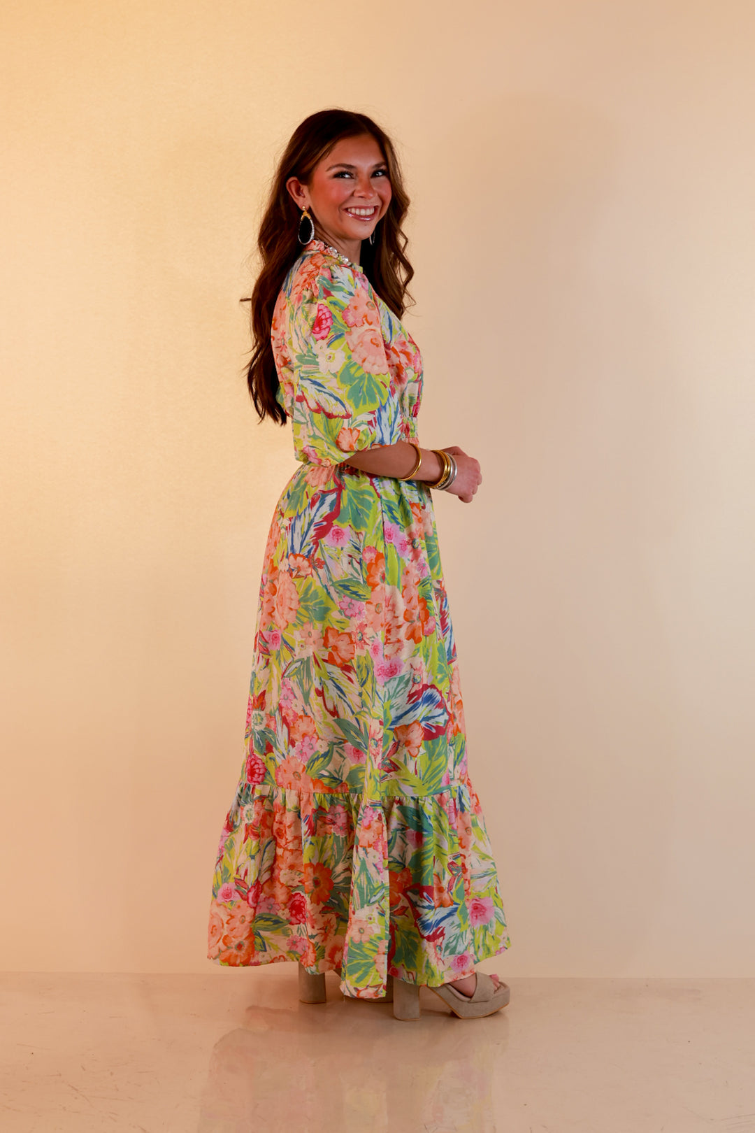 Reserved for Brunch Puff Sleeve Smocked Waist Floral Maxi Dress in Green Multi