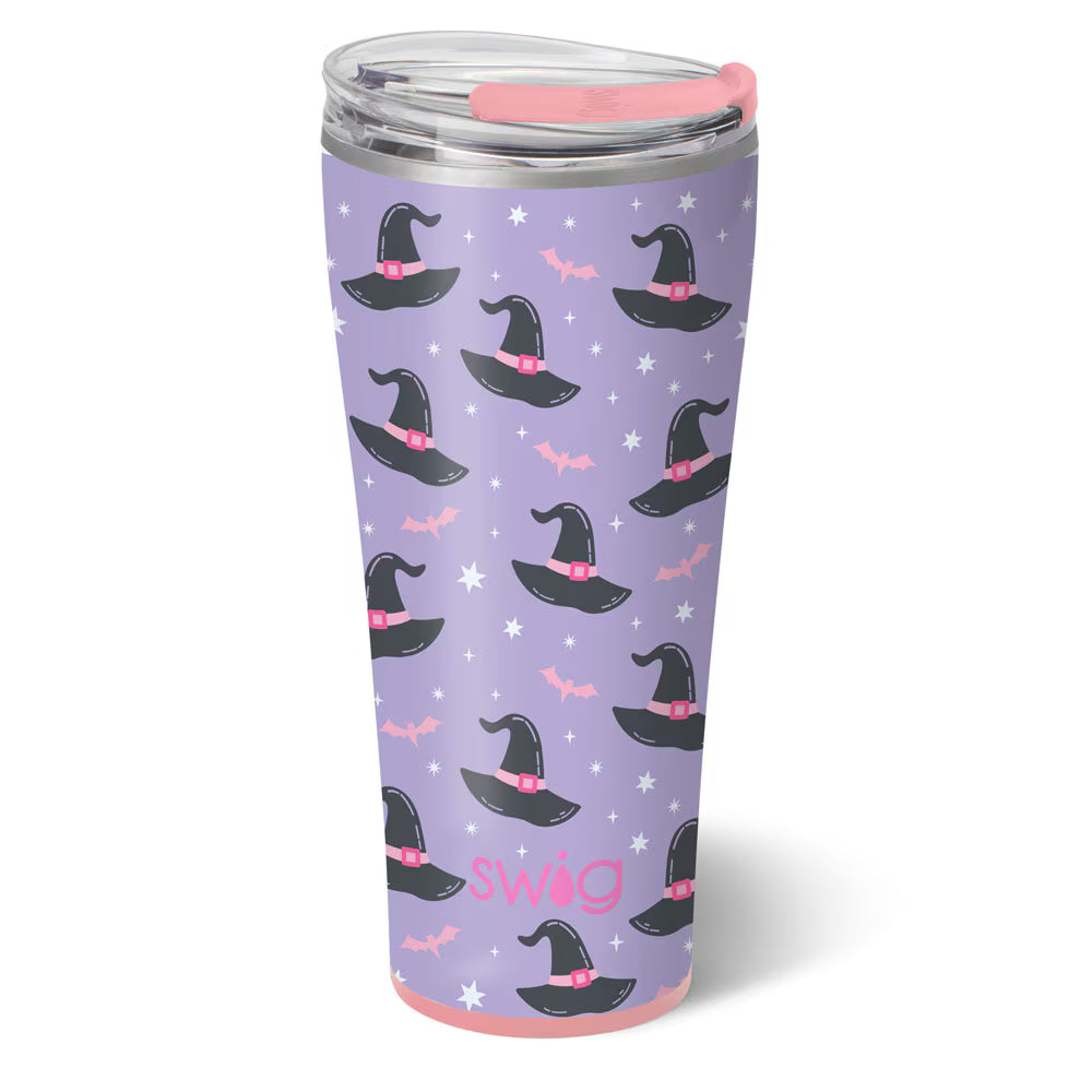 Tumbler with witch hat pattern and 'Swag' text on a purple background