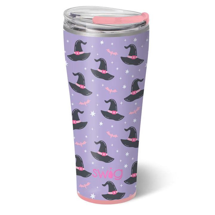Tumbler with witch hat pattern and 'Swag' text on a purple background
