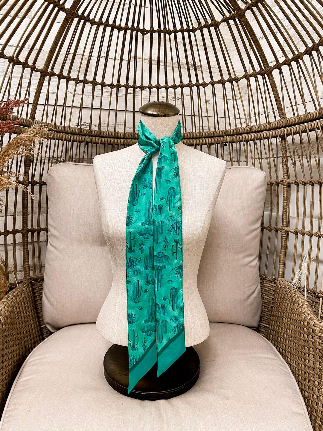 Wyoming Traders | Southwest Cactus Print Silk Twilly Scarf in Teal Blue