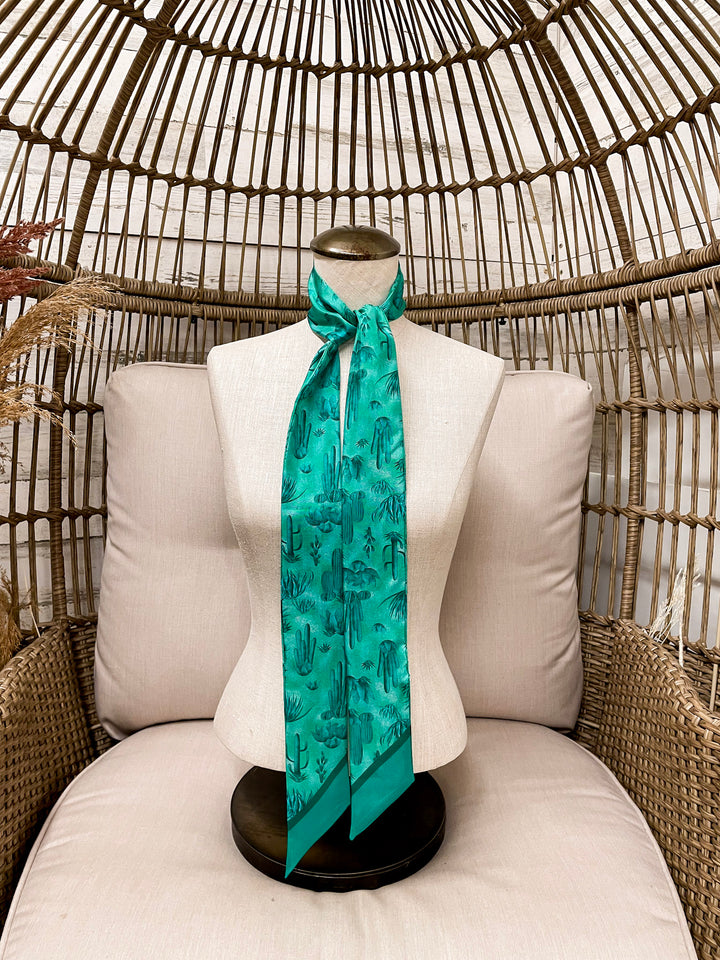 Wyoming Traders | Southwest Cactus Print Silk Twilly Scarf in Teal Blue