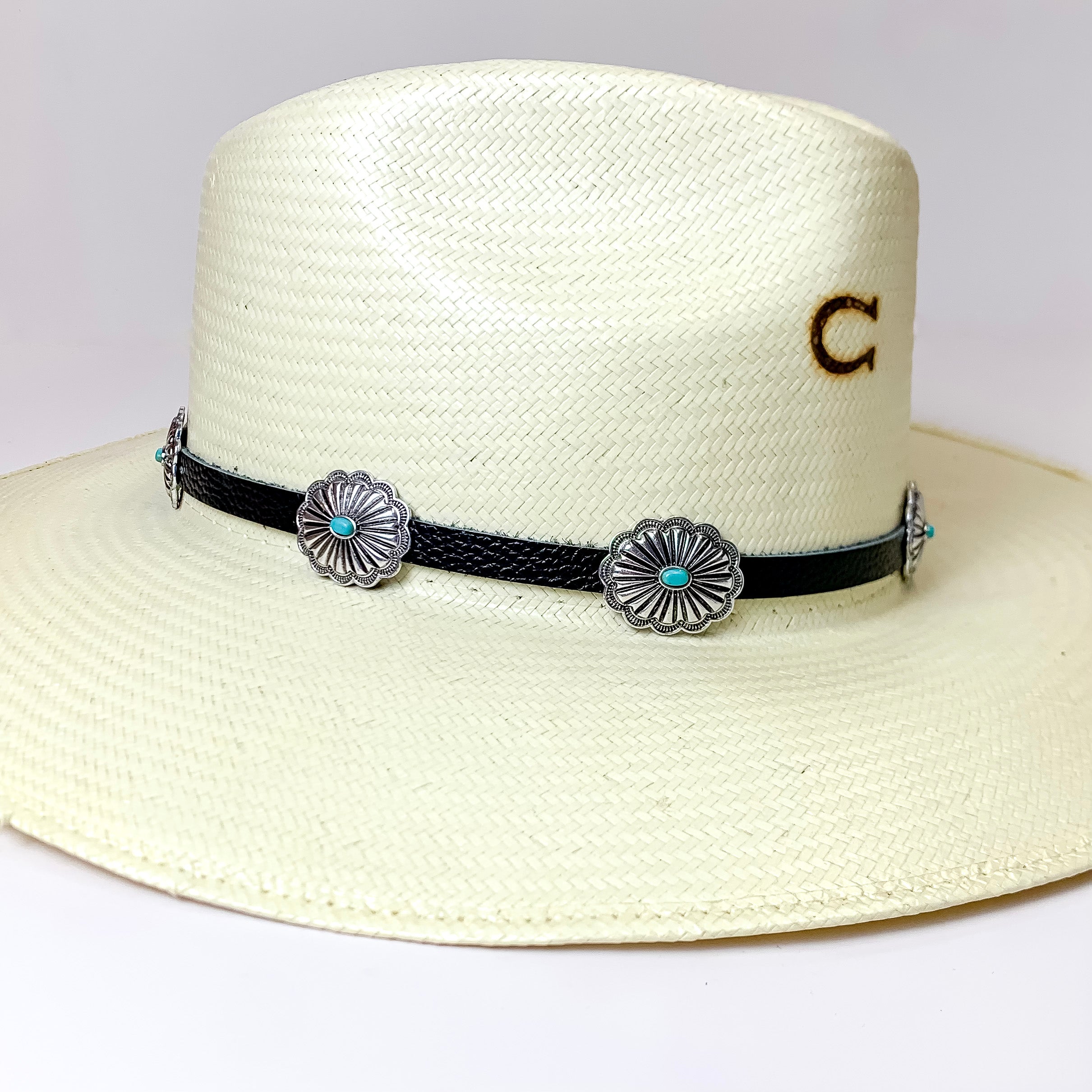 Black Hat Band with Silver Tone Oval Conchos And Faux Turquoise Accents - Giddy Up Glamour Boutique