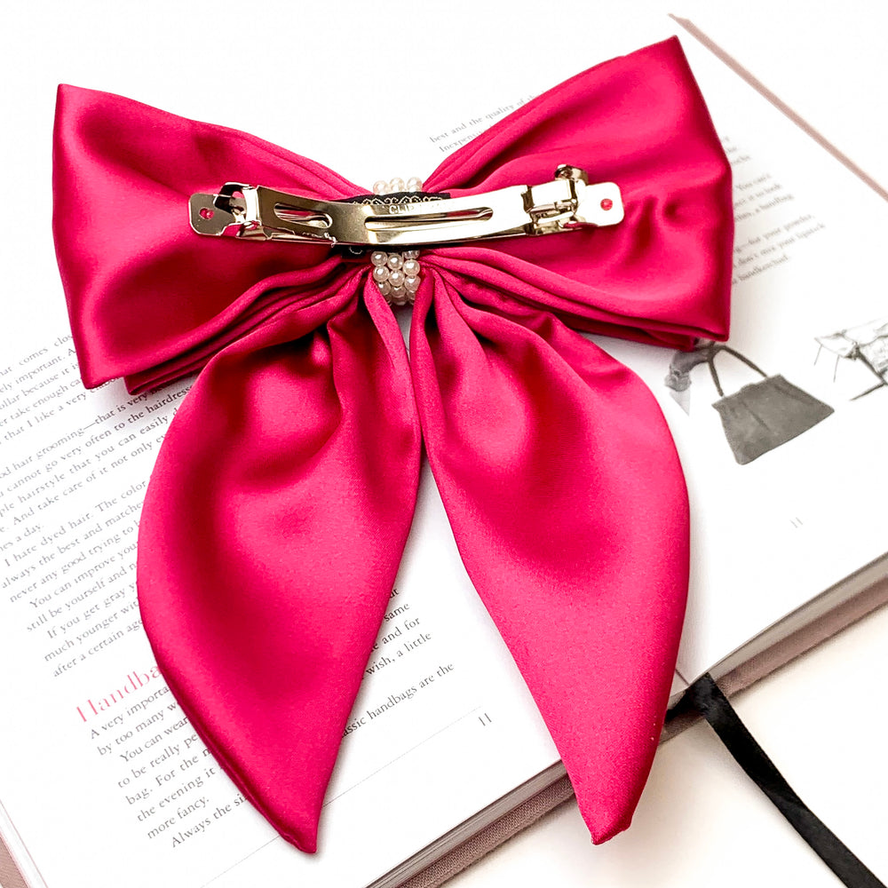 Miss Me Layered Bow with Pearl Center in Fuchsia Pink - Giddy Up Glamour Boutique