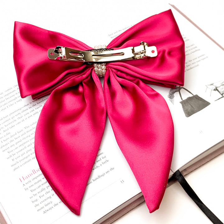 Miss Me Layered Bow with Pearl Center in Fuchsia Pink - Giddy Up Glamour Boutique