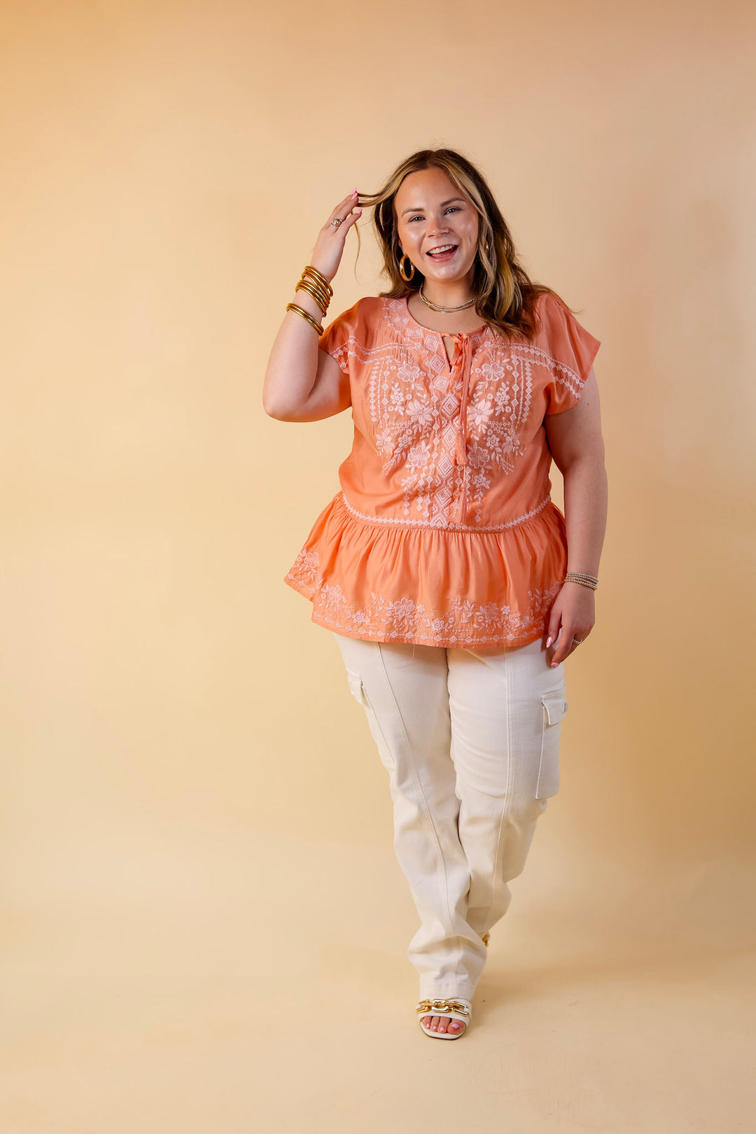 Craving Sunshine Embroidered Cap Sleeve Top with Keyhole in Light Coral Orange - Giddy Up Glamour Boutique
