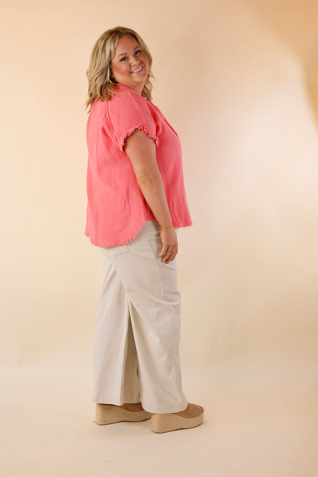 Right On Cue Button Up Raw Hem Top in Coral Pink - Giddy Up Glamour Boutique
