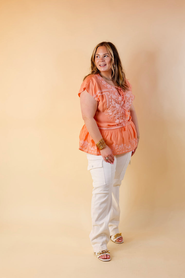 Craving Sunshine Embroidered Cap Sleeve Top with Keyhole in Light Coral Orange - Giddy Up Glamour Boutique