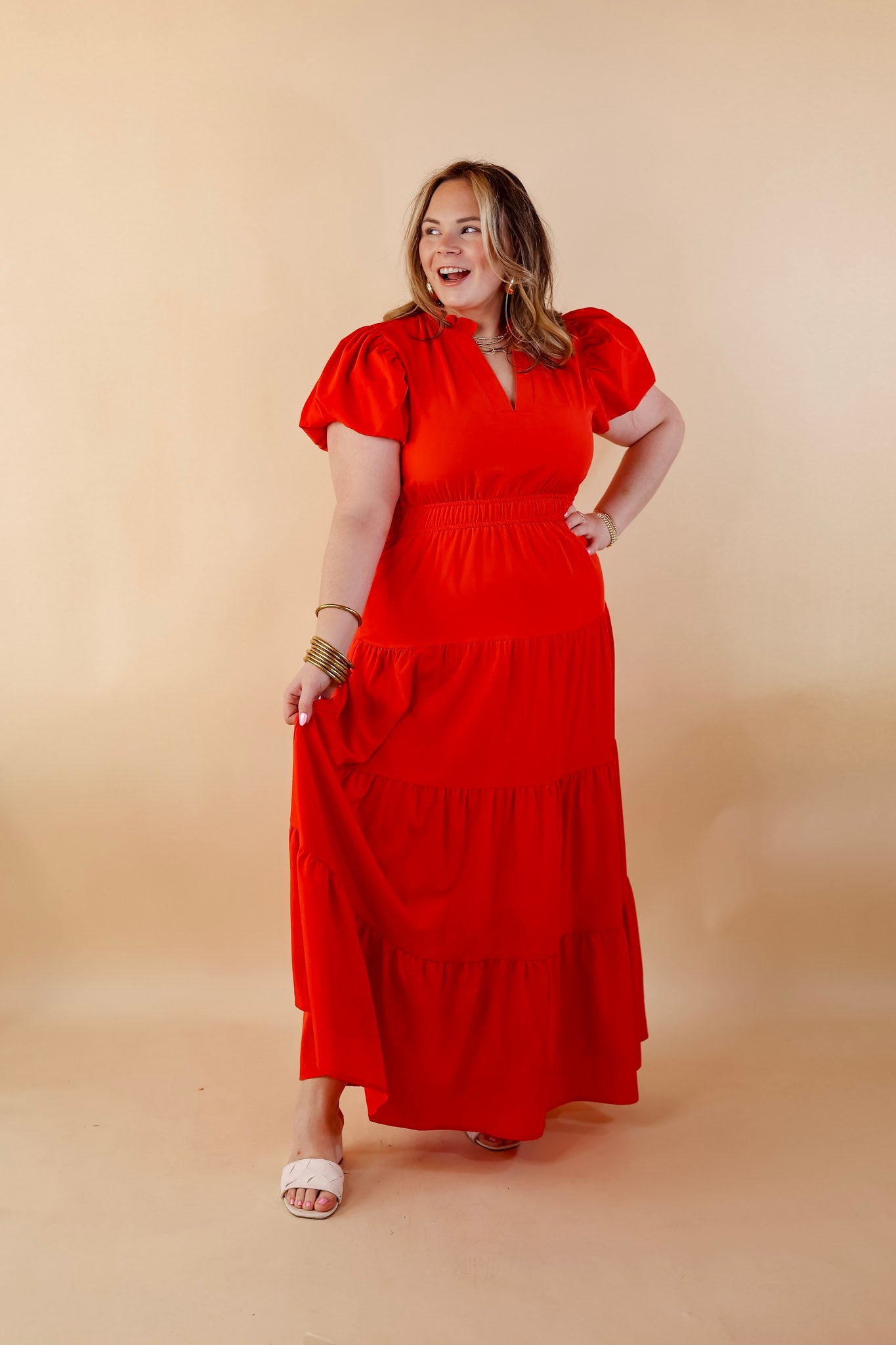 Table for Two Tiered Maxi Dress with Puff Sleeves in Red - Giddy Up Glamour Boutique
