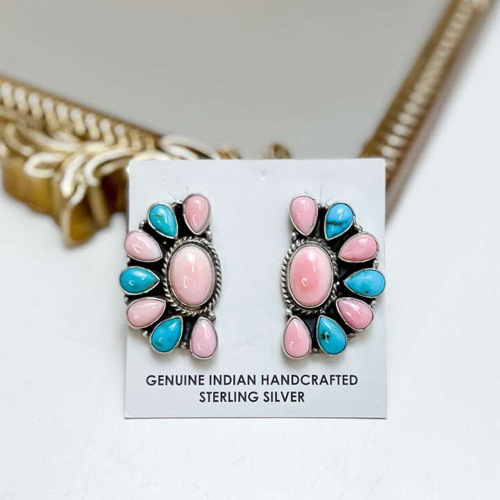 Marcella James | Native American Sterling Silver, Turquoise and Pink Conch Half Cluster Earrings